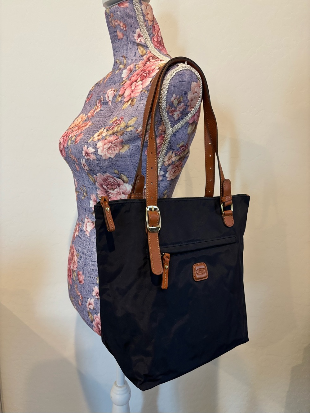 Bric's Milano Medium Black Tote Bag with Brown Leather Straps